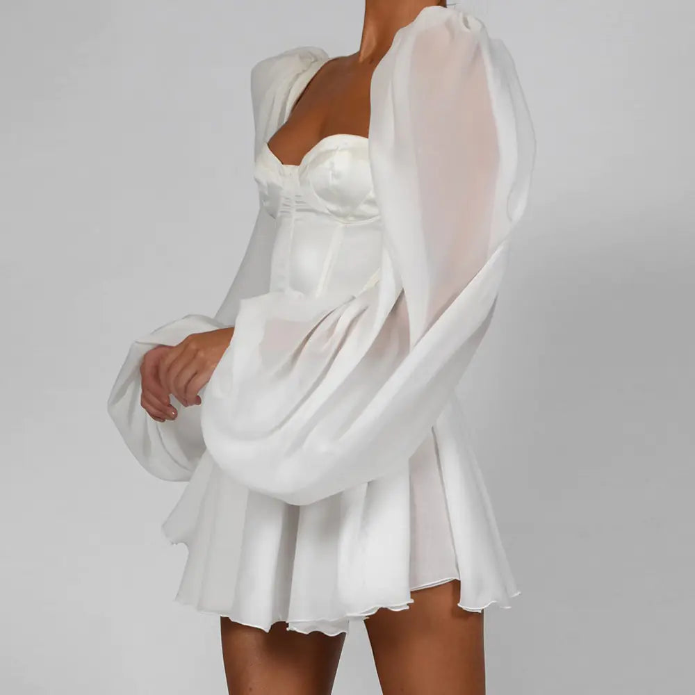 Chiffon Dress, Bodycon Dress, Lantern Sleeve Dress, White Mini Dress