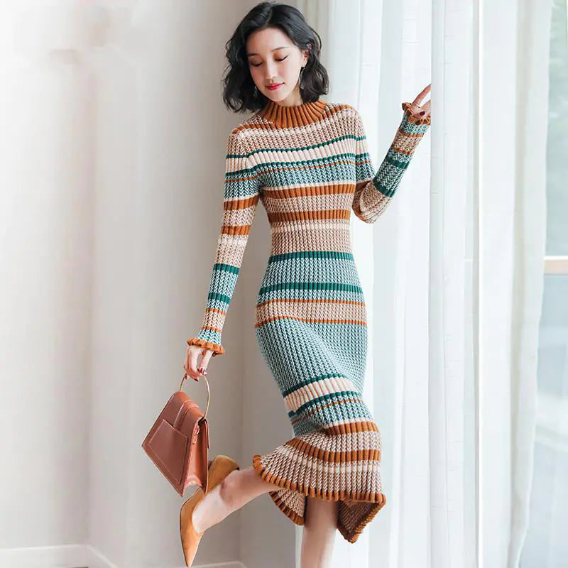 long sleeve knitted turtle neck dress