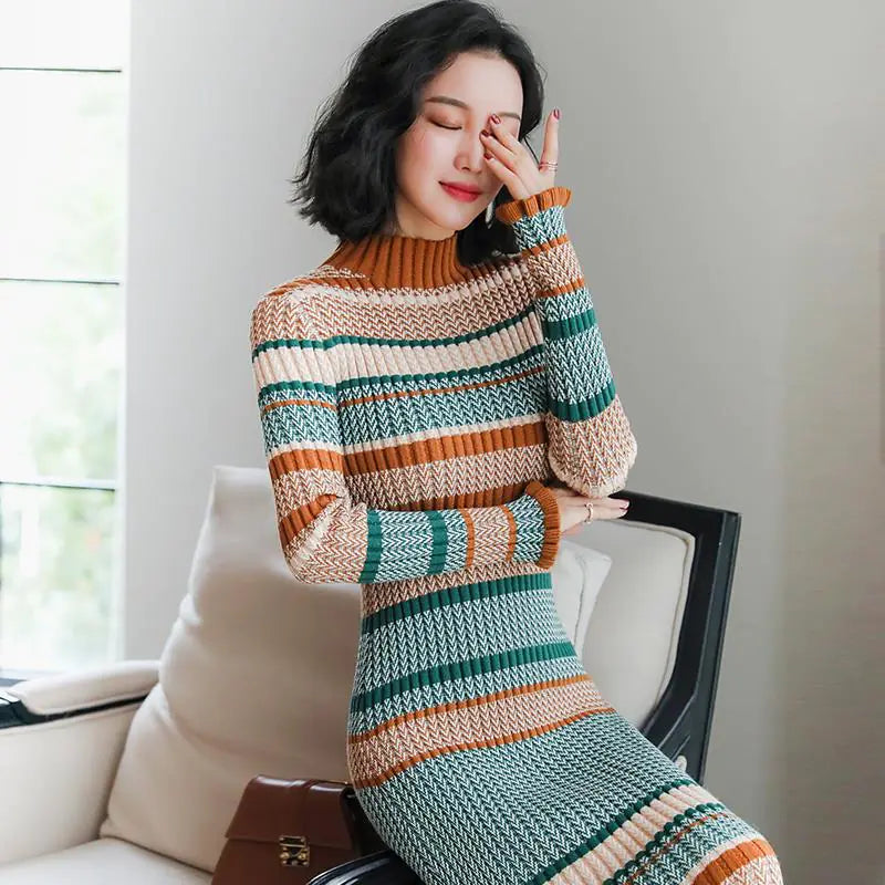 long sleeve knitted turtle neck dress