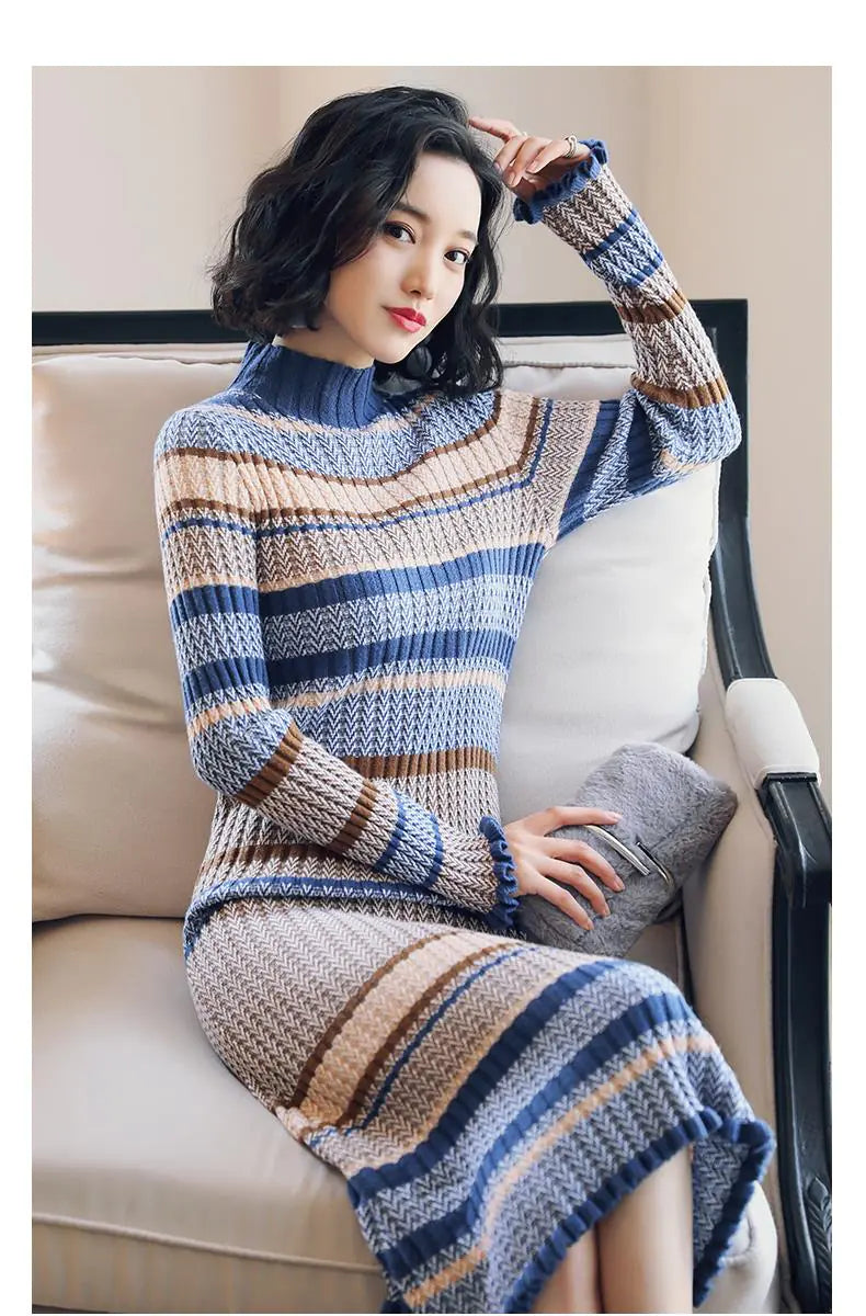 long sleeve knitted turtle neck dress