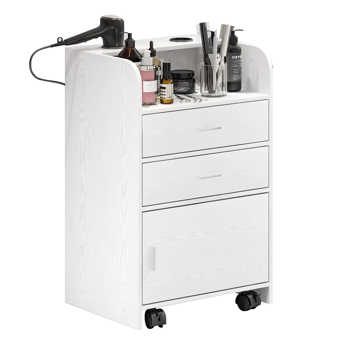 Beauty Salon Station Rolling Beauty Station for Hair Stylist Hair Salon Station Storage Cabinet on Wheels Salon Table with 2 Drawers Stylist Storage Cabinet with 2 Hair Dryer Holders (White)
