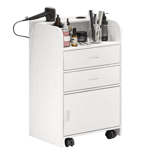 Beauty Salon Station Rolling Beauty Station for Hair Stylist Hair Salon Station Storage Cabinet on Wheels Salon Table with 2 Drawers Stylist Storage Cabinet with 2 Hair Dryer Holders (White)