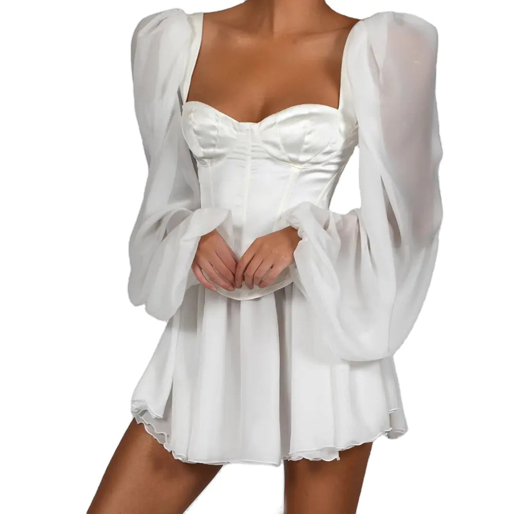 Chiffon Dress, Bodycon Dress, Lantern Sleeve Dress, White Mini Dress