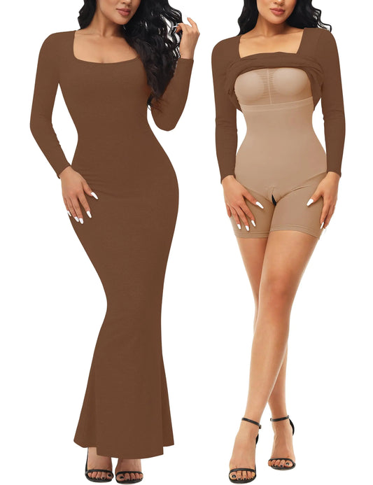 Sexy long sleeve maxi fitted Shapewear dress