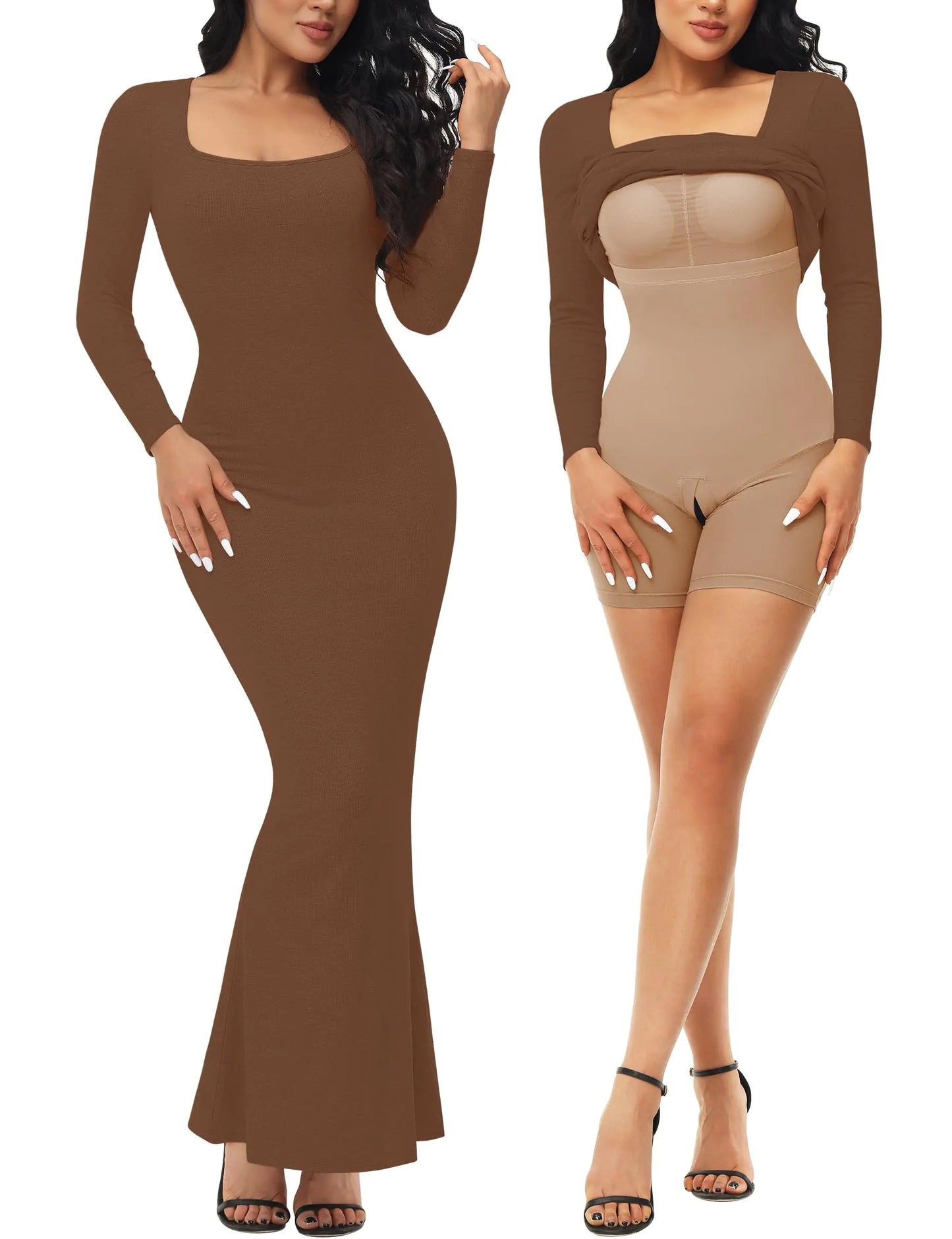 Sexy long sleeve maxi fitted Shapewear dress