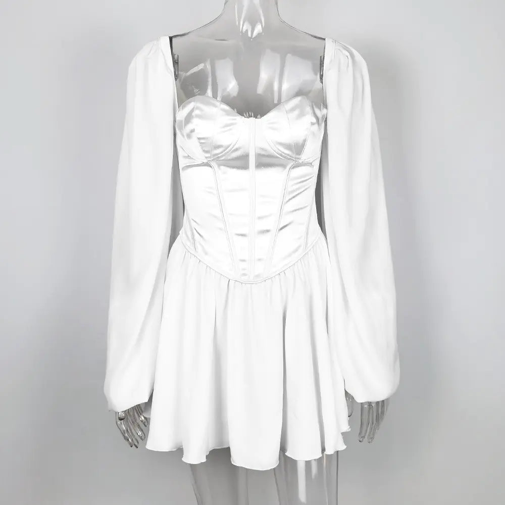 Chiffon Dress, Bodycon Dress, Lantern Sleeve Dress, White Mini Dress
