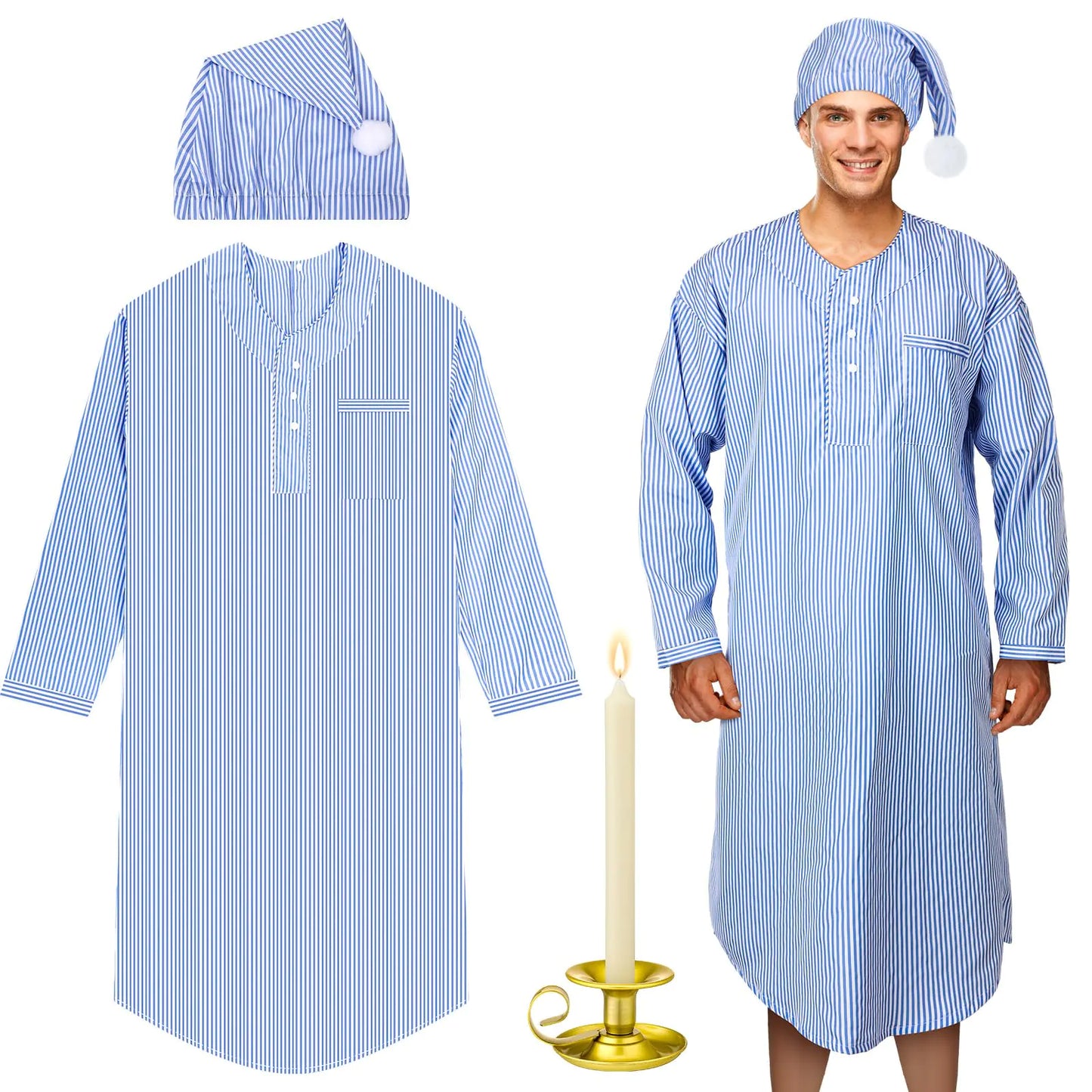 Toulite 4 Pcs Mens Pajama Set Includes Mens Nightshirt Night Sleeping Cap Candle Holder and Candle for Halloween Christmas(Large)