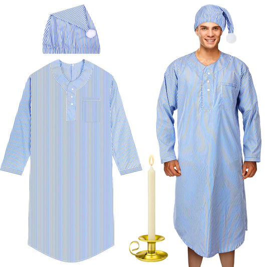 Toulite 4 Pcs Mens Pajama Set Includes Mens Nightshirt Night Sleeping Cap Candle Holder and Candle for Halloween Christmas(Large)