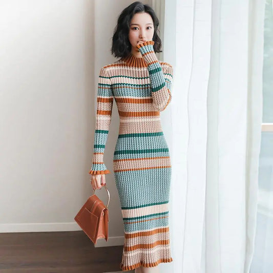 long sleeve knitted turtle neck dress
