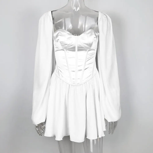 Chiffon Dress, Bodycon Dress, Lantern Sleeve Dress, White Mini Dress