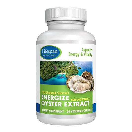 LIFESPAN PURE NEW ZEALAND Energize Oyster Extract Supplement for Men & Women - Zinc Taurine Amino Acids - Supports Energy 500 mg 60 Veg Capsules