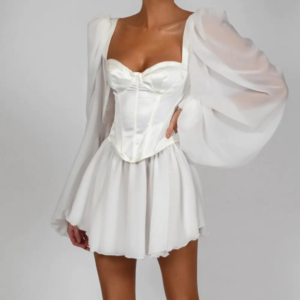 Chiffon Dress, Bodycon Dress, Lantern Sleeve Dress, White Mini Dress